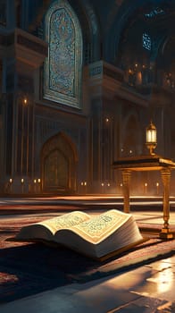 An open book in a serene, ornate space with soft lighting.