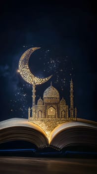 An open book reveals a magical scene with a crescent moon and a mosque.
