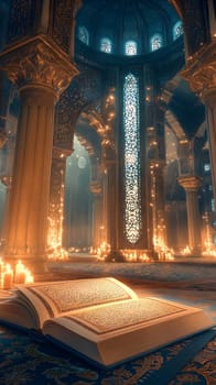 An ornate library with an open book and glowing candles.