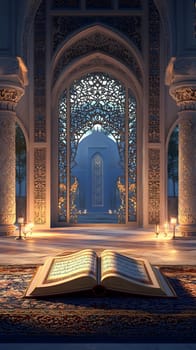 An ornate space with an open book, illuminated by soft lights.