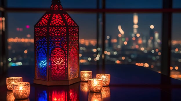Colorful lantern and candles with a city skyline at night.