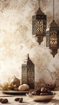 Decorative lanterns and food items arranged on a textured surface.