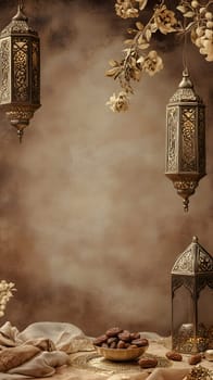 Elegant lanterns and flowers on a textured background for decoration.