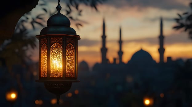 Lantern glowing at sunset with minarets in the background.