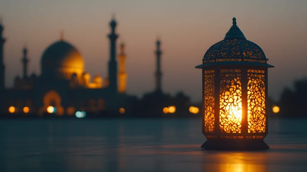 Lantern glowing at dusk with a mosque silhouette in the background.