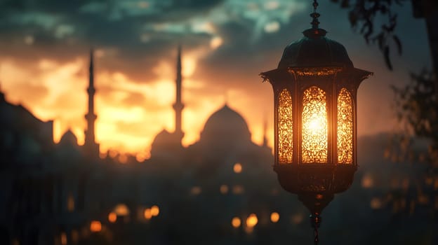 Lantern glows against a sunset backdrop of historic architecture.