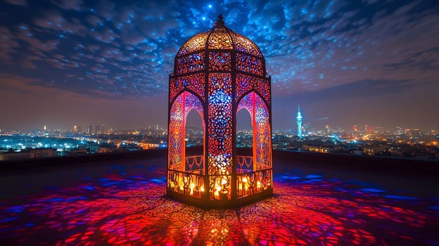 Ornate gazebo illuminated at night, casting colorful patterns.