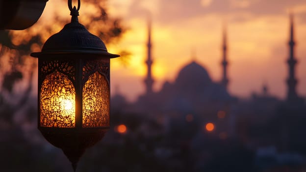Ornate lantern against a sunset backdrop of a mosque and minarets.