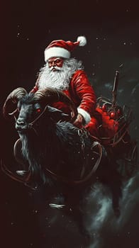 Santa Claus riding a dark ram, blending holiday spirit with fantasy.