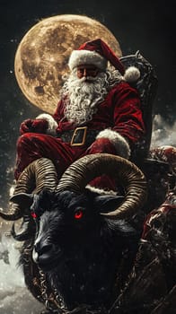 Santa Claus riding a black ram under a full moon.
