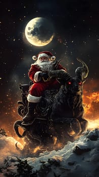Santa Claus riding a dark reindeer under a moonlit sky.