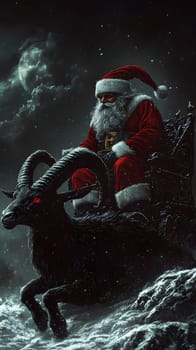 Santa Claus riding a dark, horned creature under a moonlit sky.