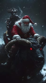 Santa rides a dark, horned creature in a snowy, mystical setting.
