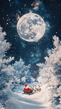 Santa in a snowy landscape under a full moon.