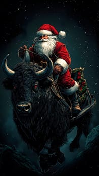 Santa riding a black bull in a snowy, festive scene.