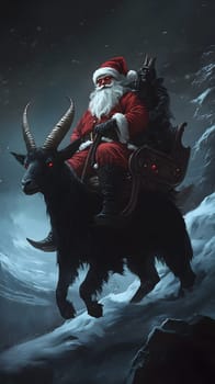 Santa riding a dark, horned creature in a snowy landscape.