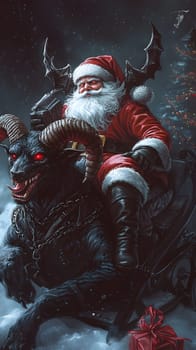 Santa riding a demonic creature through a snowy landscape.