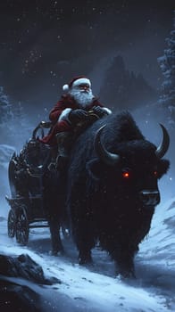 Santa riding a large black bull through a snowy landscape at night.