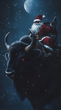 Santa riding a large black bull under a snowy night sky.