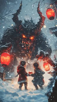 Two children face a towering, menacing creature in a snowy landscape.