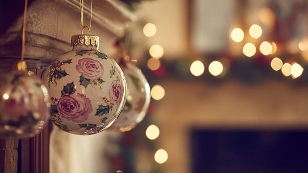 Christmas, holiday decor and country cottage style, cosy atmosphere, decorated Christmas tree in the English countryside house living room with fireplace, interior decoration idea