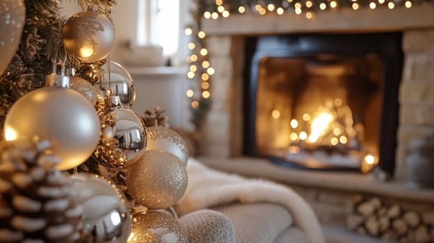 Christmas, holiday decor and country cottage style, cosy atmosphere, decorated Christmas tree in the English countryside house living room with fireplace, interior decoration idea