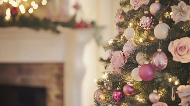 Christmas, holiday decor and country cottage style, cosy atmosphere, decorated Christmas tree in the English countryside house living room with fireplace, interior decoration idea