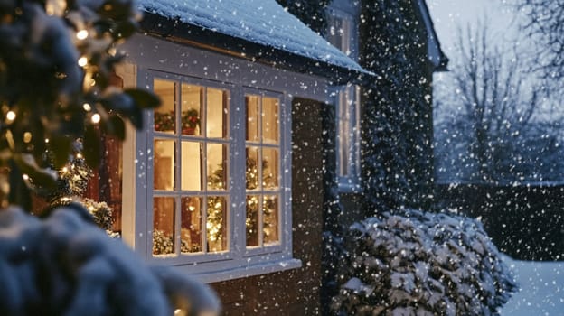 Christmas in the countryside, cottage decorated for holidays on a snowy winter evening with snow and holiday lights, English country styling inspiration