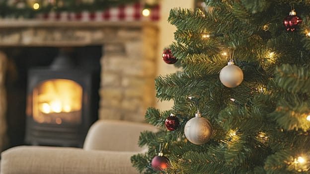 Christmas, holiday decor and country cottage style, cosy atmosphere, decorated Christmas tree in the English countryside house living room with fireplace, interior decoration idea