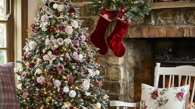 Christmas, holiday decor and country cottage style, cosy atmosphere, decorated Christmas tree in the English countryside house living room with fireplace, interior decoration idea