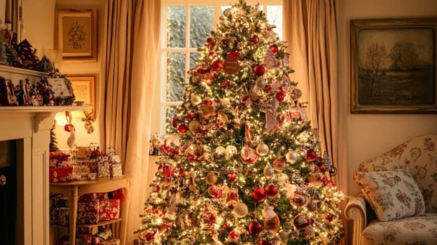 Christmas, holiday decor and country cottage style, cosy atmosphere, decorated Christmas tree in the English countryside house living room with fireplace, interior decoration idea