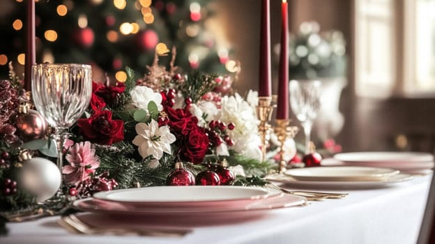 Christmas tablescape decoration, formal family dinner holiday celebration, luxury table setting decor, English country and home style idea