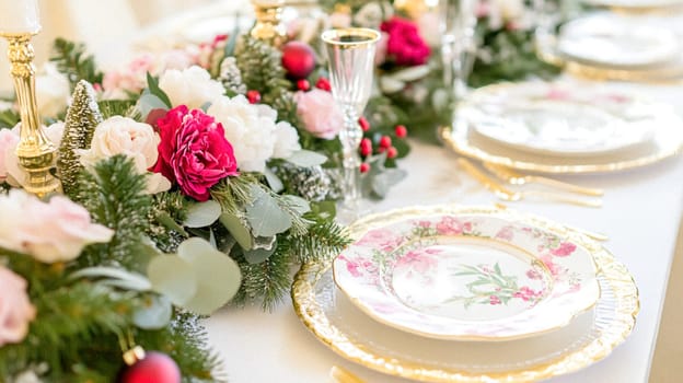 Christmas tablescape decoration, formal family dinner holiday celebration, luxury table setting decor, English country and home style idea