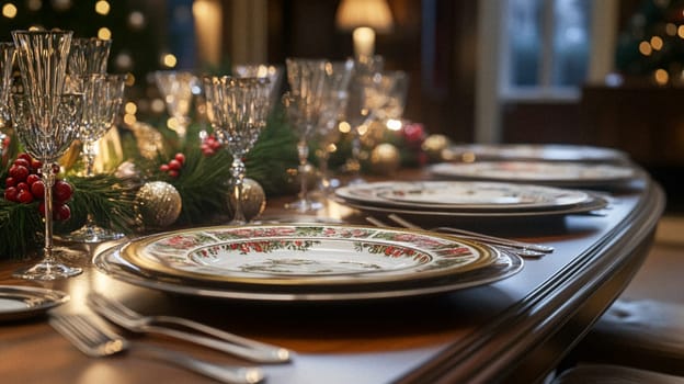 Christmas tablescape decoration, formal family dinner holiday celebration, luxury table setting decor, English country and home style idea