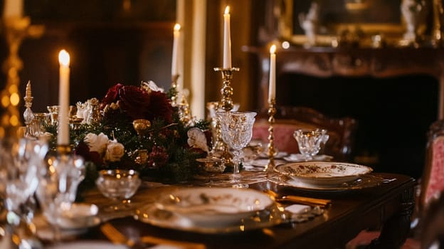 Christmas tablescape decoration, formal family dinner holiday celebration, luxury table setting decor, English country and home style idea