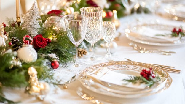 Christmas tablescape decoration, formal family dinner holiday celebration, luxury table setting decor, English country and home style idea