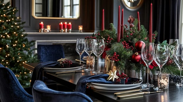 Christmas tablescape decoration, formal family dinner holiday celebration, luxury table setting decor, English country and home style idea
