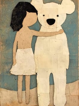 Girl lovingly hugs a giant teddy bear in a whimsical collage, evoking childhood nostalgia and innocence, perfect for greeting cards or wall art