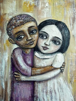 Painting of a boy and girl hugging, symbolizing diversity, friendship, and love in a heartwarming display of unity and acceptance