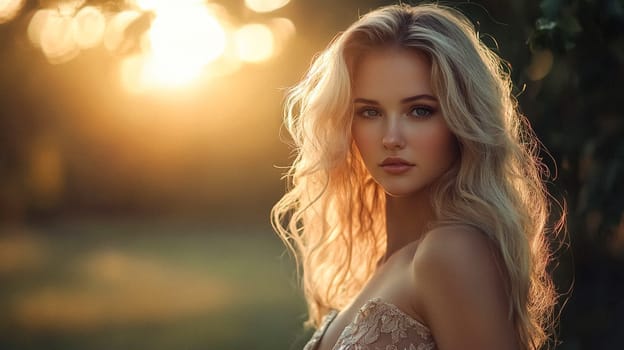 Woman with flowing blonde hair stands gracefully in the golden glow of sunset, radiating natural beauty and elegance idea