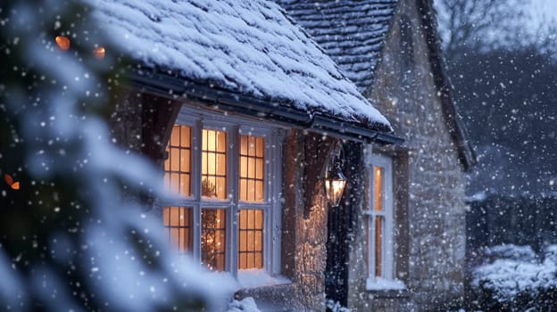 Christmas in the countryside, cottage decorated for holidays on a snowy winter evening with snow and holiday lights, English country styling inspiration