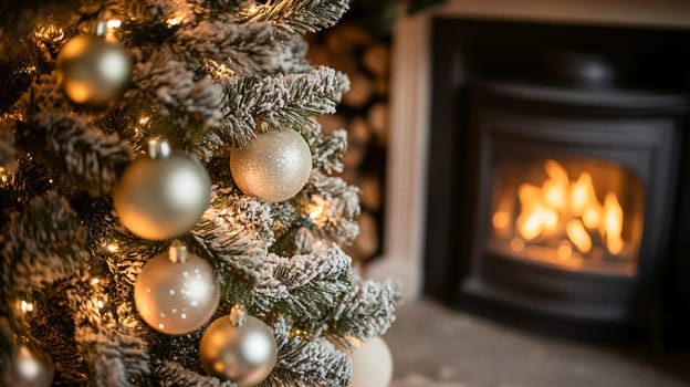 Christmas, holiday decor and country cottage style, cosy atmosphere, decorated Christmas tree in the English countryside house living room with fireplace, interior decoration idea