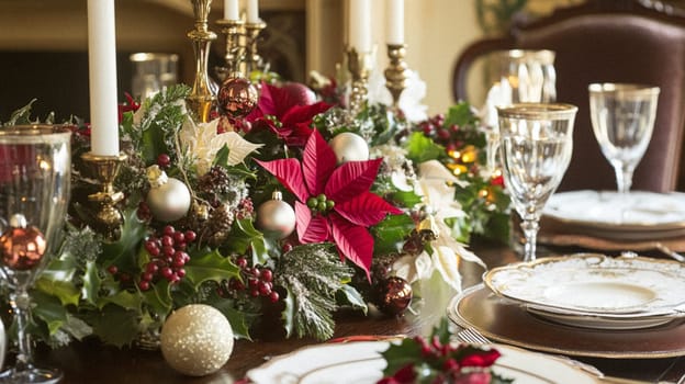 Christmas, holiday decor and country cottage style, cosy atmosphere, decorated Christmas tree in the English countryside house living room with fireplace, interior decoration idea