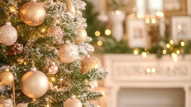 Christmas, holiday decor and country cottage style, cosy atmosphere, decorated Christmas tree in the English countryside house living room with fireplace, interior decoration idea