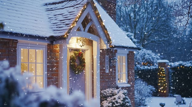 Christmas in the countryside, cottage decorated for holidays on a snowy winter evening with snow and holiday lights, English country styling inspiration