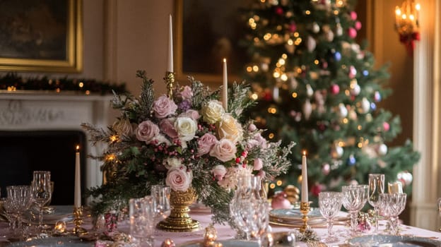 Christmas tablescape decoration, formal family dinner holiday celebration, luxury table setting decor, English country and home style idea