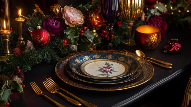 Christmas tablescape decoration, formal family dinner holiday celebration, luxury table setting decor, English country and home style idea