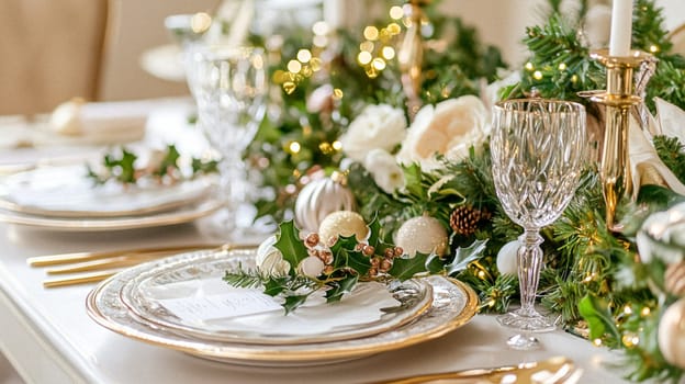 Christmas tablescape decoration, formal family dinner holiday celebration, luxury table setting decor, English country and home style idea