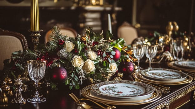 Christmas tablescape decoration, formal family dinner holiday celebration, luxury table setting decor, English country and home style idea