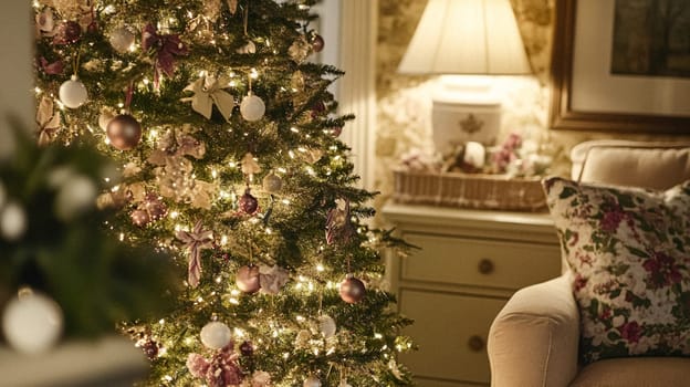 Christmas, holiday decor and country cottage style, cosy atmosphere, decorated Christmas tree in the English countryside house living room with fireplace, interior decoration idea